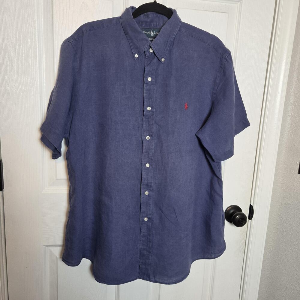Ralph Lauren Shirt Mens XL Blue Linen Button Down Short Sleeve Custom Fit Logo